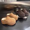 Pantufas de Lã Macia de Couro Vintage Versátil Pequenas com Elevação de Altura Meio Sapato de Plataforma de Couro Fosco com Solado Grosso para Mulheres Uso Externo
