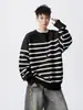 Suéter cárdigan de rayas blancas y negras para hombre, marca retro americana moderna, estilo perezoso, tejido, holgado, para pareja, chaqueta casual