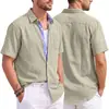 Camisa masculina de verão nova da Amazon, gola de lapela, abotoada, algodão-linho, com bolso, manga curta, camiseta casual americana