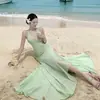 Novo Vestido Longo Chique de Chiffon com Gola Halter Estilo Francês, Vestido de Festa Sexy Slim-Fit sem Costas para Férias na Beira-Mar