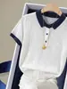 Top de punto de manga corta con cuello polo bicolor para mujer, nueva moda 2026, elegante, versátil, adelgazante A13993