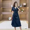Vestido de mezclilla de manga corta, de longitud media, con cuello, adecuado para ir al trabajo, estilo romántico francés, de cintura alta, adelgazante y elegante