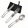 Conjunto de Talheres de Camping de Aço Inoxidável com Três Peças, Capa de Nylon e Cabo de Aço Inoxidável, Conjunto de Talheres Portátil Dobrável, Faca, Garfo, Colher