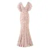 Ropa europea y americana para mujer transfronteriza, popular en AliExpress, estampado floral de rosas, escote en V profundo, dobladillo irregular, vestido largo de sirena