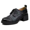 Versão em Pele de Ovelha~Mocassins Retro de Salto Alto para Mulheres, Sapatos de Couro Genuíno com Cadarço em Couro Preto, Sapatos com Salto Bloco Aumentadores de Altura para Mulheres Baixas