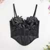 En Stock Estilo Europeo y Americano Malla Sexy Chica Caliente Camisola Floral 3D Ajustado Sin Espalda Hombros Descubiertos Corsé Superior