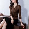 Camiseta Lisa de Manga Longa para Mulheres, Blusa de Renda com Decote V para Mães, Camisa Básica para Mulheres, Blusa de Renda Slim Fit para Outono