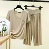 Pijama de modal para talla grande, camiseta holgada y ligera adecuada para usar fuera, ropa para casa, conjunto de dos piezas con pantalones capri de cintura alta con volantes