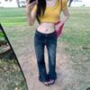 Ropa de Mujer de Seda Naranja # Americano Cintura Baja Chica Hot Micro-Acampanados Jeans de Mujer High Street Retro Verano Pantalones Delgados Hasta el Piso