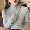 Suéter de Gola Alta Cor Café Camisa Base Feminina Casaco Roupa de Baixo Moda Outono e Inverno Slim Fit Manga Longa Gola Média Top de Tricô