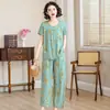 Conjunto de Dos Piezas de Algodón y Seda Holgado Estampado de Manga Corta y Pantalón Largo para Mujeres de Mediana Edad y Mayores Tallas Grandes, Ropa de Dormir Ligera