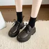 Sapatos de Couro com Cadarço e Forro de Lã Estilo Britânico para Mulheres 2025 Novos Mocassins Plataforma de Salto Grosso Retro com Bico Redondo