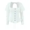 Comércio Exterior Transfronteiriço Camisa Quadrada com Mangas Longas Bufantes Estilo Tribunal Francês para Mulheres com Costas em Patchwork Cinto Cruzado para Ajustar a Cintura