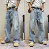 2026 Verão Calça Jeans Rasgada Desgastada Masculina Tendência Malandro Estilo de Rua Cool Perna Reta Perna Larga Solta Versátil Calça Longa