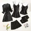 Lingerie Sexy Popular: Conjunto de Pijama de Cinco Peças com Camisola de Renda, Shorts, Calça Longa e Cardigã, Tamanho Grande