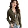 Elegante top de punto estilo coreano con cuello en V, bufanda de seda y textura acanalada, suave y ajustado, de manga larga, multicolor, adecuado para usar en capas en otoño