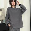 Suéter de lana de longitud media para mujer de otoño e invierno, holgado, de cuello redondo, manga larga, camiseta a rayas, con forro polar, grueso, camiseta básica de talla grande