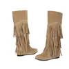 Botas Femininas de Cano Alto Versáteis para Outono e Inverno Solado de Borracha Antiderrapante Botas de Comércio Exterior Calce Fácil Salto Baixo Botas com Franjas Cor Sólida Transfronteiriças Tamanho Grande