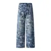Calça Jeans Reta com Estampa de Estrela de Cinco Pontas para Homem, Calça Hip-Hop Fashion de Rua Solta com Bainha Rasgada, Calça Longa de Perna Larga