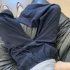 Calça de Sarja com Linho Azul Marinho de Pernas Largas para Mulheres, Novo Estilo Verão 2026, Estilo Petite Old Money, Cintura Alta, Emagrecimento, Calça Casual de Linho