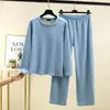 Conjunto de casa cálido, nuevo estilo otoño e invierno, conjunto de dos piezas para mujer con top grueso holgado de manga larga y cuello redondo, y pantalones de pierna ancha