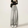 Jeans Retrô Americano Cinza Mocha de Perna Larga para Mulheres Outono 2025 Fino Solto Vintage Caimento Reto Comprimento Total