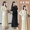Conjunto Maternidade Outono e Inverno Gola Redonda Manga Longa Top Plissado com Cordão + Saia Plissada Elegante e Simples Conjunto de Duas Peças para Mulheres