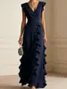 Nuevo vestido transfronterizo de estilo europeo y americano con mangas acampanadas pequeñas, volantes grandes, cuello en V, cintura alta, gasa y diseño hasta el suelo