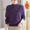 Novo Suéter de Veludo Bordado de Peça Única com Gola Meia-Alta de Inverno para Mulheres de Meia-Idade e Idosas, Top Quente com Forro de Lã Redutor de Idade