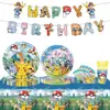 Novo Conjunto de Decoração de Festa Desenho Animado Tema Pikachu Suprimentos para Festa Prato de Papel Guardanapo de Papel Conjunto de Louça Infantil de Aniversário