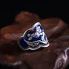 Anel Aberto Azul Queimado Flor de Peônia Artesanal Estilo Étnico Fênix para Mulheres Anel de Dedo Indicador Literário Personalizado Estilo Antigo Retrô