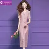Vestido Original de Encaje con Lentejuelas Rosas Feimengyi para Mujer, Manga Corta, Verano Elegante Socialité Corte Delgado Cuello en V Midi