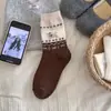 Meias Quentes de Inverno para Mulheres, Meias de Lã Fair Isle com Cachorro Desenho Animado, Meias Retro Engrossadas de Cano Médio, Meias Fofas Largas