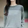 Nuevo Camisa Base de Algodón Puro de Canalé con Cuello Redondo de Manga Larga para Mujer, Bloque de Color a Rayas, Ajuste Holgado, Otoño/Invierno 2026