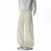 Pantalones cargo beige de pierna ancha con cordón para hombre, estilo outdoor, con grandes bolsillos con cremallera, corte holgado, caída fluida, casual, pantalones de largo completo