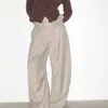 Pantalones Casuales Amplios de Pierna Ancha de Kendo Plisados de Cintura Baja con Cinturón, Color Caqui Gris Brillante y Textura Cremosa, SIN NADA FEO
