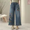 Colección Primavera 2026 Jeans de Mujer Estilo Étnico Cintura Elástica Bordados Holgados Moda Adelgazantes Pantalones Acortados de Pierna Ancha