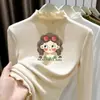 Roupa Íntima de Pelúcia para Meninas Outono Inverno Novo Estilo Camiseta Infantil de Manga Longa Elegante com Gola Alta Franzida Top Interno Tendência
