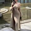 Vestido de punto estilo vaina vintage estilo Hong Kong con top tubo dividido, traje de cárdigan de punto grueso de largo medio para mujer, otoño e invierno