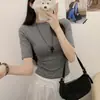 K3728 Camiseta de Manga Corta con Cuello Redondo para Mujer, Nuevo Estilo Primavera/Verano, Ligera, Versátil, Corte Ajustado, Top de Manga Media