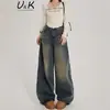 Jeans Azul Nostálgico Largo e Solto para Mulheres no Outono e Inverno Novo Estilo Retrô Americano Cintura Alta Skinny Reto Comprimento Total