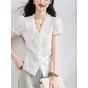 Ropa de Moda para Mujer de Comercio Exterior en Stock: Elegante Blusa de Rayas con Mangas Abullonadas, Nuevo Estilo Coreano de Verano con Cuello de Encaje y Mangas Cortas que Ceñen la Cintura