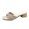 Talla 42 Pantuflas de Verano para Mujer de Moda Tacón Medio Ante Una Tira Tacón Grueso Estilo Coreano Slip-on Sandalias de Tacón Alto para Mujer
