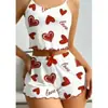 Pijama camisola de punto acanalado con estampado de corazones para mujer, se puede usar fuera de casa, conjunto de dos piezas con shorts, ropa de dormir pura y deseable para el hogar