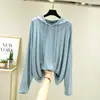 Camiseta con capucha de manga larga de modal para mujer, primavera, casual, talla grande, holgada, base para interiores, adelgazante, protector solar, top fino