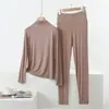 Conjunto de Duas Peças Casual Solto para Casa, Manga Longa, Gola Meia-Alta, Calça Longa de Cintura Alta, Modal Fino, Tamanho Grande, Primavera/Outono 2026
