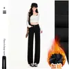 Jeans feminino transfronteiriço, estilo slim reto, forrado com fleece e espessado, estilo casual americano, calça longa preta, comprimento estendido preto