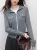 26 Outono Novo Estilo Francês de Trabalho Elegante Gola Alta Bloco de Cores Manga Longa Bolso Zíper Duplo Cardigan de Tricô Top 22960