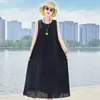 Novo vestido de algodão e seda para mulheres, estilo francês de verão, vestido longo de alta qualidade para férias na praia à beira-mar, elegante vestido regata sem mangas