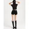Shorts de Mezclilla Negros con Remaches de Tiro Bajo para Mujer, Nuevo Estilo Primavera 2026, Ajustados, Adelgazantes, Elásticos, Pantalones Cortos Muy Cortos